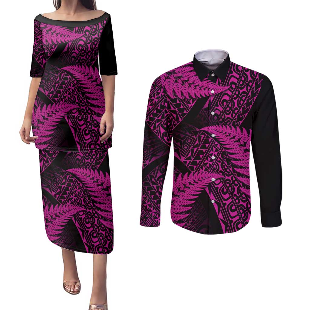 New Zealand Rugby Pacific Personalised Couples Matching Puletasi and Long Sleeve Button Shirt All Pink Maori Pasifika Fern Pattern