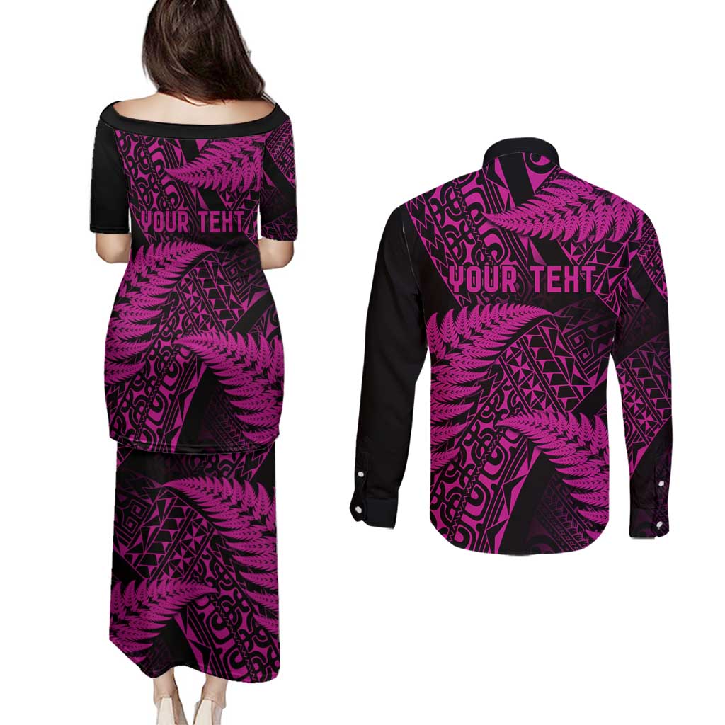 New Zealand Rugby Pacific Personalised Couples Matching Puletasi and Long Sleeve Button Shirt All Pink Maori Pasifika Fern Pattern