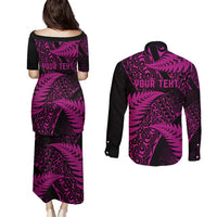 New Zealand Rugby Pacific Personalised Couples Matching Puletasi and Long Sleeve Button Shirt All Pink Maori Pasifika Fern Pattern