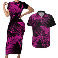 New Zealand Rugby Pacific Personalised Couples Matching Short Sleeve Bodycon Dress and Hawaiian Shirt All Pink Maori Pasifika Fern Pattern