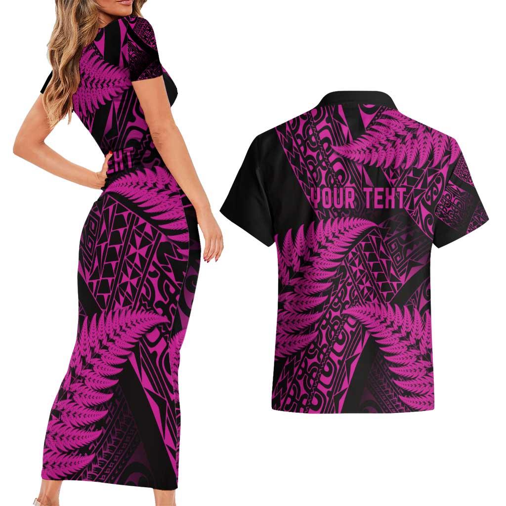 New Zealand Rugby Pacific Personalised Couples Matching Short Sleeve Bodycon Dress and Hawaiian Shirt All Pink Maori Pasifika Fern Pattern