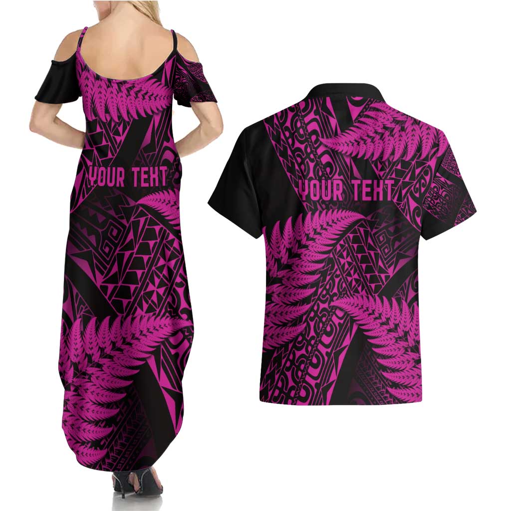 New Zealand Rugby Pacific Personalised Couples Matching Summer Maxi Dress and Hawaiian Shirt All Pink Maori Pasifika Fern Pattern