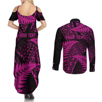 New Zealand Rugby Pacific Personalised Couples Matching Summer Maxi Dress and Long Sleeve Button Shirt All Pink Maori Pasifika Fern Pattern
