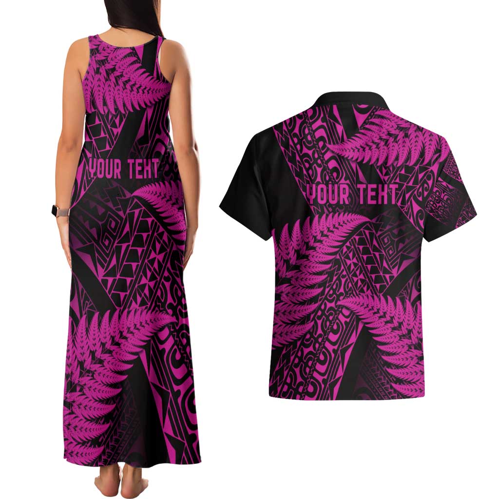New Zealand Rugby Pacific Personalised Couples Matching Tank Maxi Dress and Hawaiian Shirt All Pink Maori Pasifika Fern Pattern