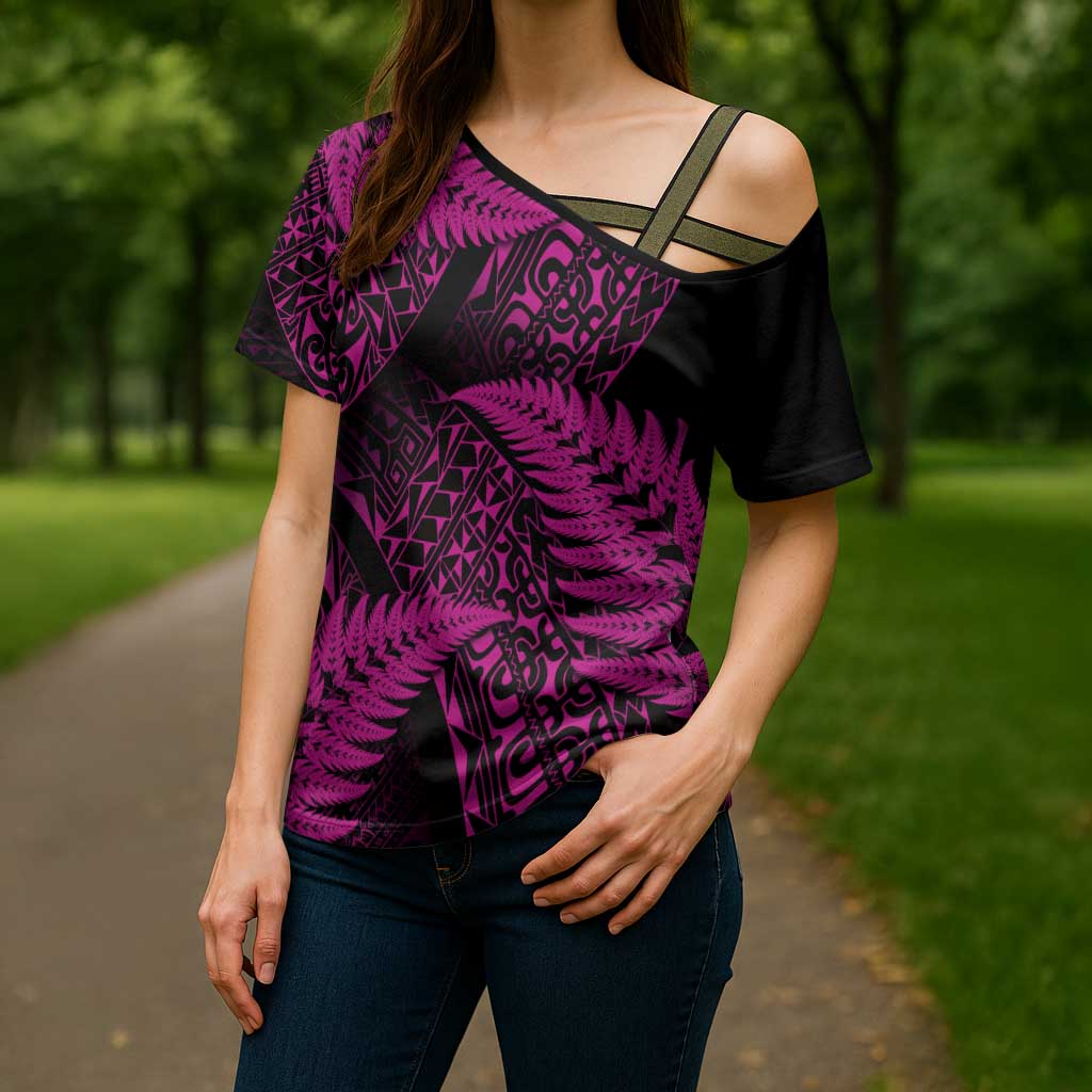 New Zealand Rugby Pacific Personalised Cross Shoulder Shirt All Pink Maori Pasifika Fern Pattern - Polynesian Pride