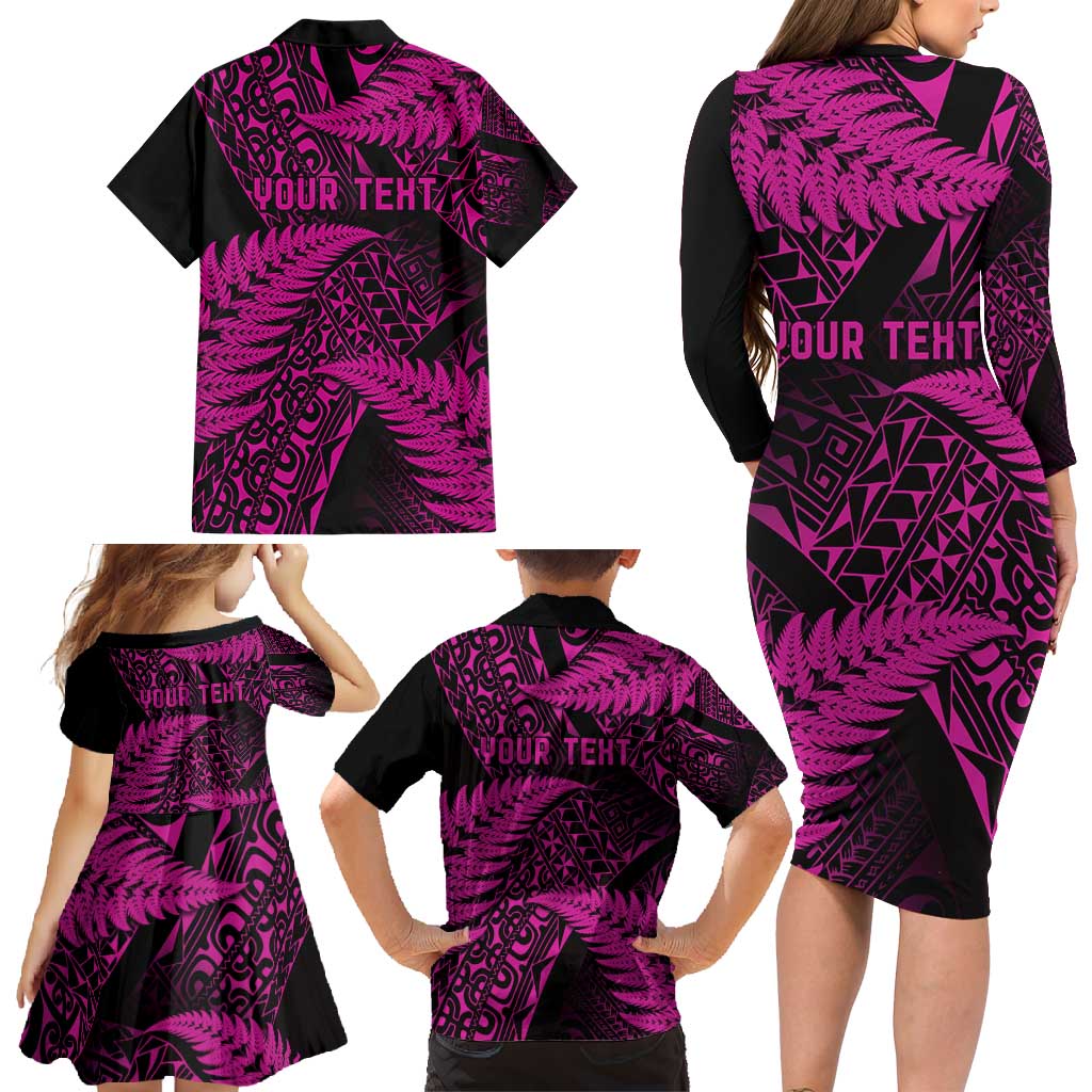 New Zealand Rugby Pacific Personalised Family Matching Long Sleeve Bodycon Dress and Hawaiian Shirt All Pink Maori Pasifika Fern Pattern