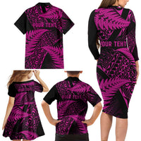 New Zealand Rugby Pacific Personalised Family Matching Long Sleeve Bodycon Dress and Hawaiian Shirt All Pink Maori Pasifika Fern Pattern
