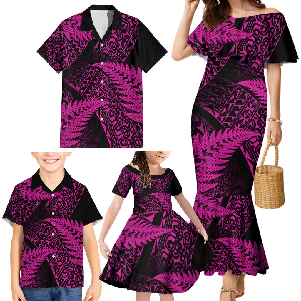 New Zealand Rugby Pacific Personalised Family Matching Mermaid Dress and Hawaiian Shirt All Pink Maori Pasifika Fern Pattern