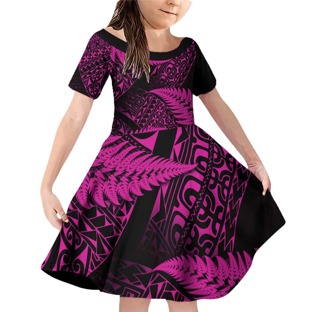 New Zealand Rugby Pacific Personalised Family Matching Off Shoulder Short Dress and Hawaiian Shirt All Pink Maori Pasifika Fern Pattern
