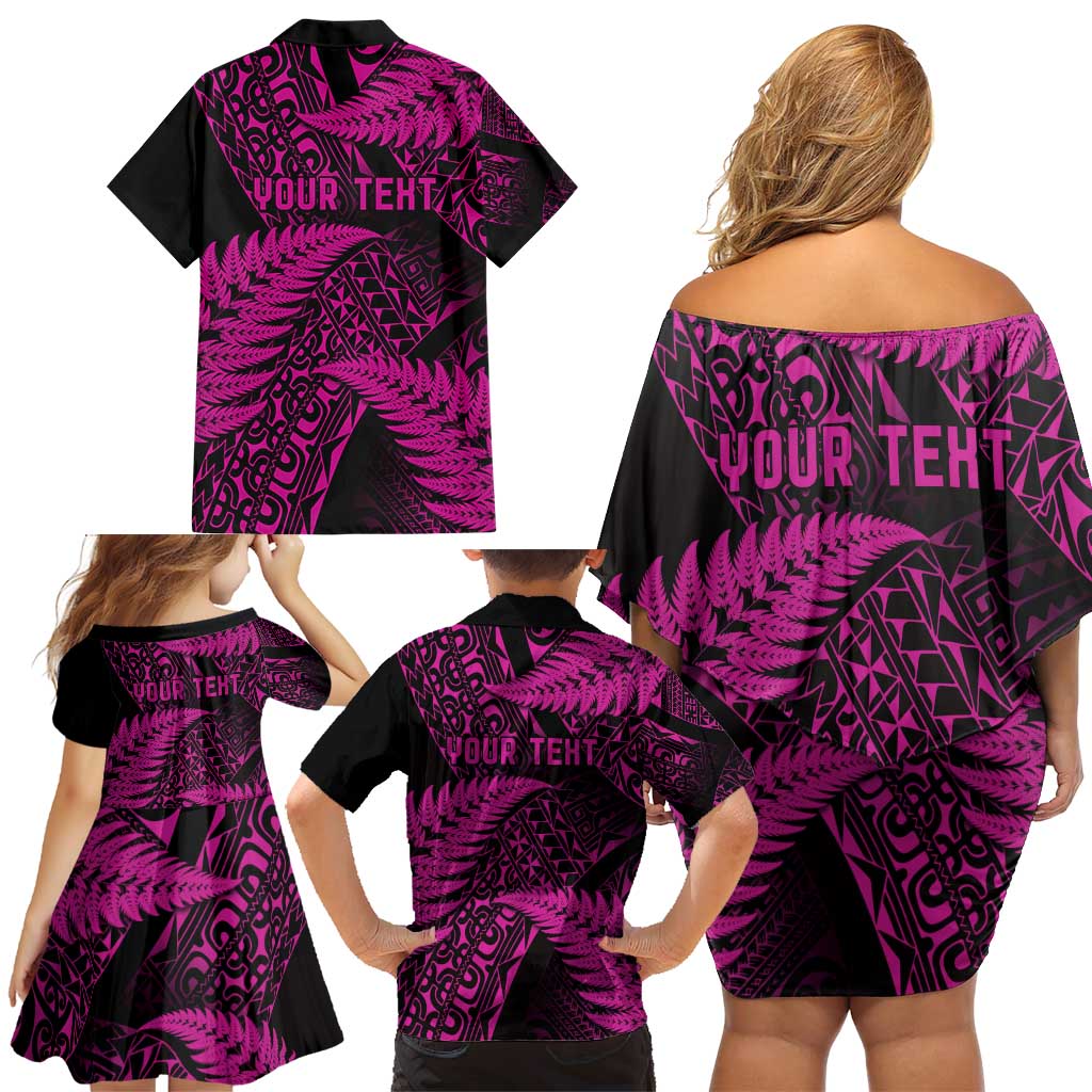 New Zealand Rugby Pacific Personalised Family Matching Off Shoulder Short Dress and Hawaiian Shirt All Pink Maori Pasifika Fern Pattern