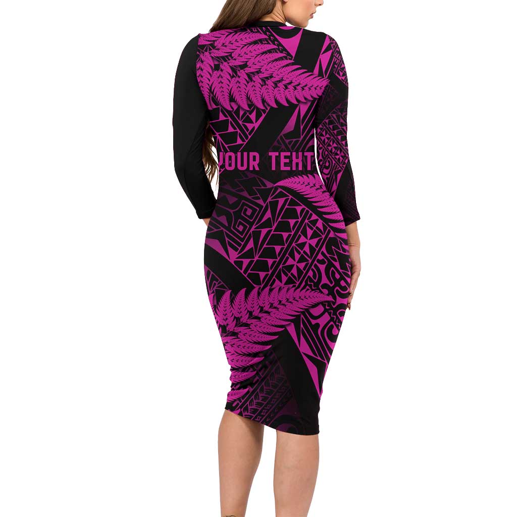 New Zealand Rugby Pacific Personalised Long Sleeve Bodycon Dress All Pink Maori Pasifika Fern Pattern