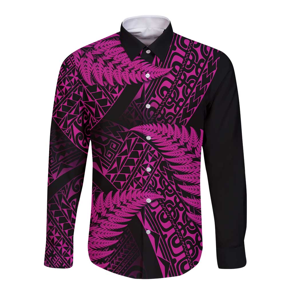 New Zealand Rugby Pacific Personalised Long Sleeve Button Shirt All Pink Maori Pasifika Fern Pattern