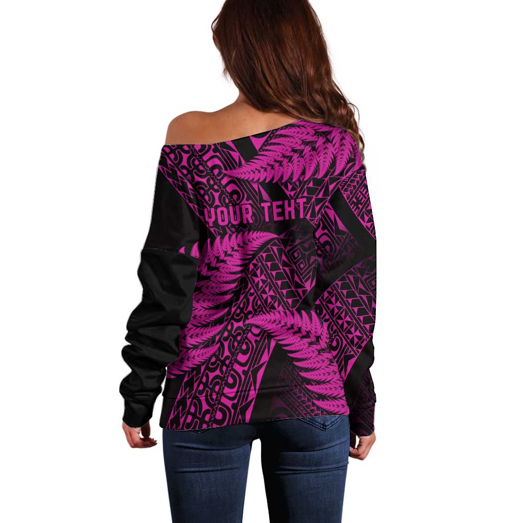 New Zealand Rugby Pacific Personalised Off Shoulder Sweater All Pink Maori Pasifika Fern Pattern
