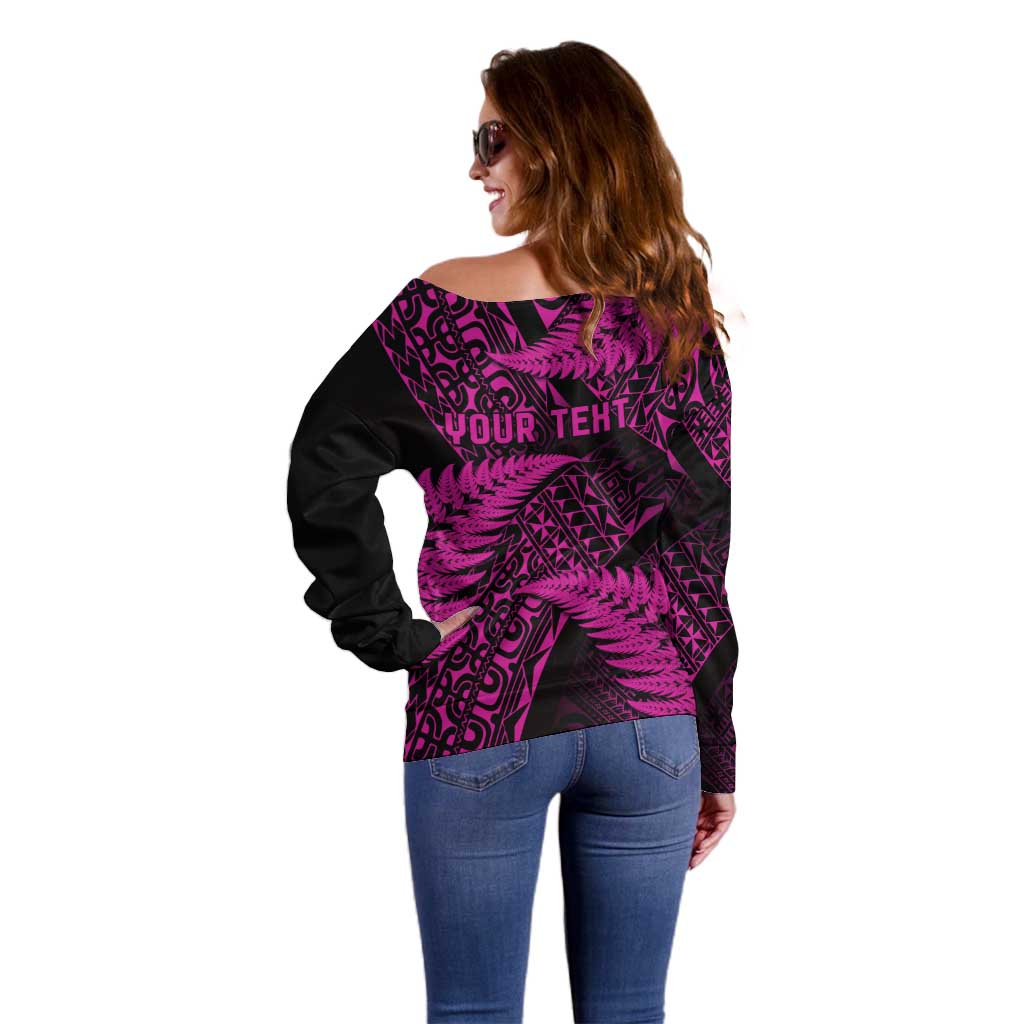 New Zealand Rugby Pacific Personalised Off Shoulder Sweater All Pink Maori Pasifika Fern Pattern