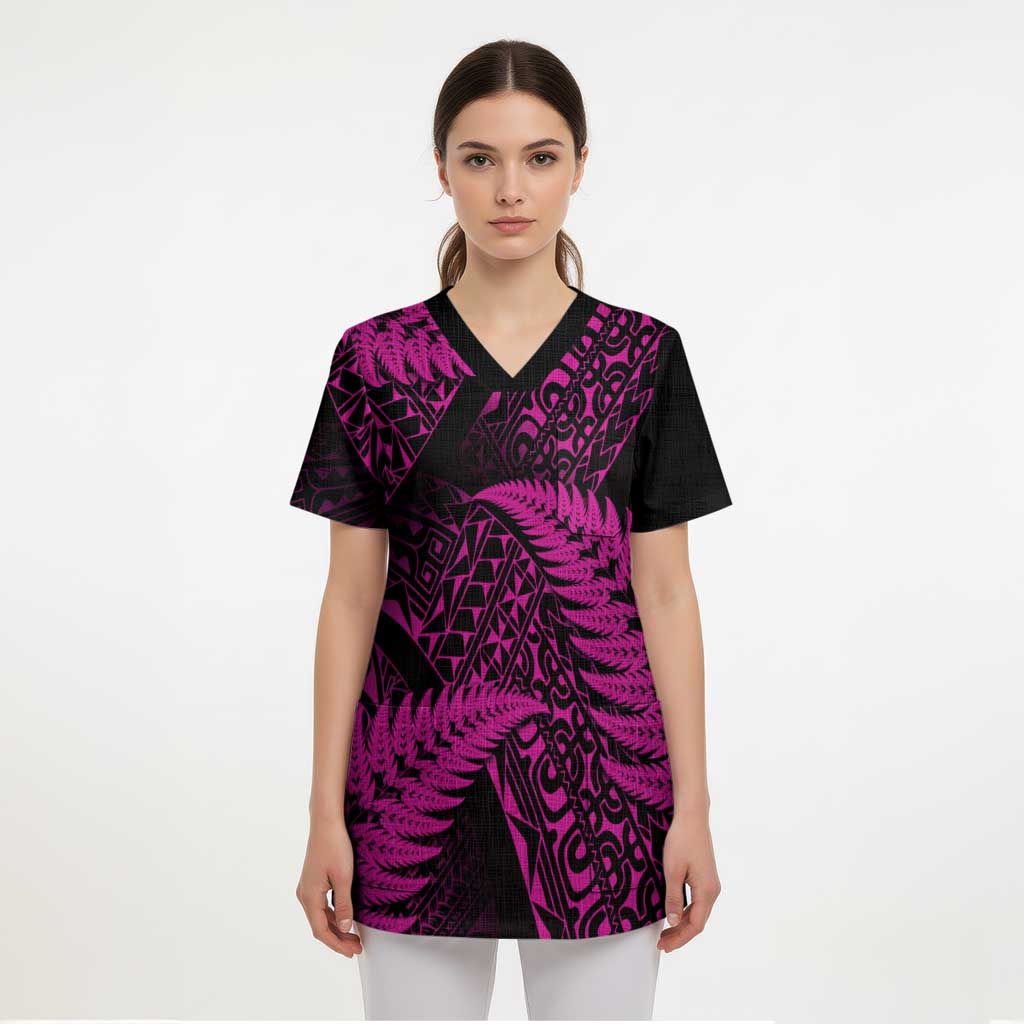 New Zealand Rugby Pacific Personalised Scrub Top All Pink Maori Pasifika Fern Pattern - Polynesian Pride