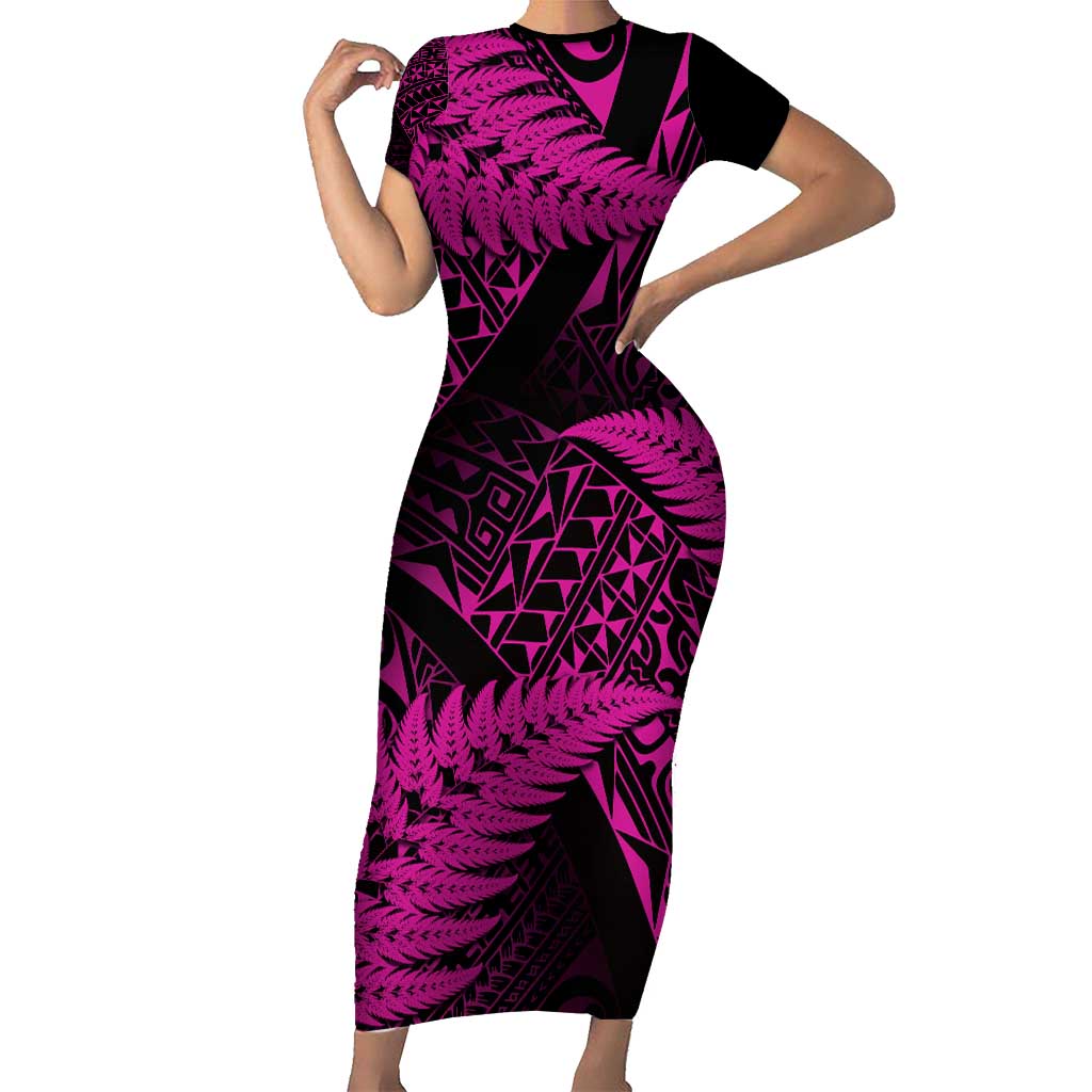 New Zealand Rugby Pacific Personalised Short Sleeve Bodycon Dress All Pink Maori Pasifika Fern Pattern