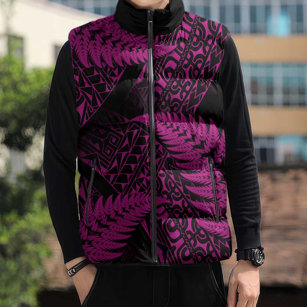 New Zealand Rugby Pacific Personalised Sleeveless Puffer Jacket All Pink Maori Pasifika Fern Pattern - Polynesian Pride
