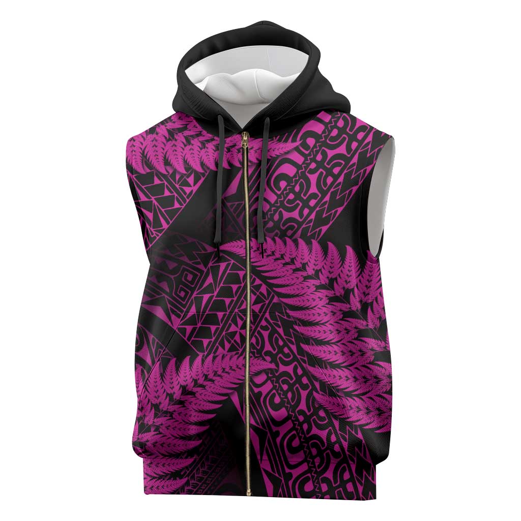 New Zealand Rugby Pacific Personalised Sleeveless Zip Hoodie All Pink Maori Pasifika Fern Pattern - Polynesian Pride
