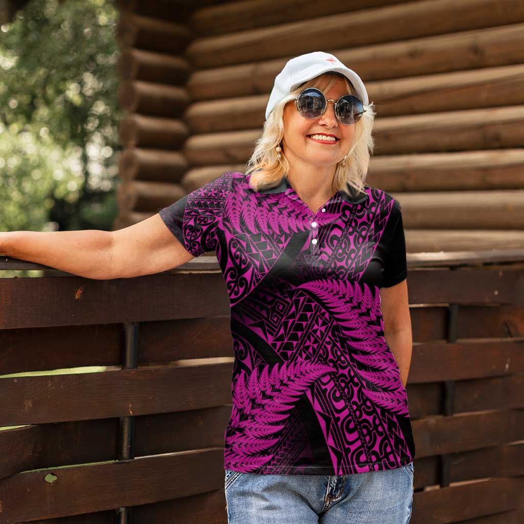 New Zealand Rugby Pacific Personalised Women Polo Shirt All Pink Maori Pasifika Fern Pattern