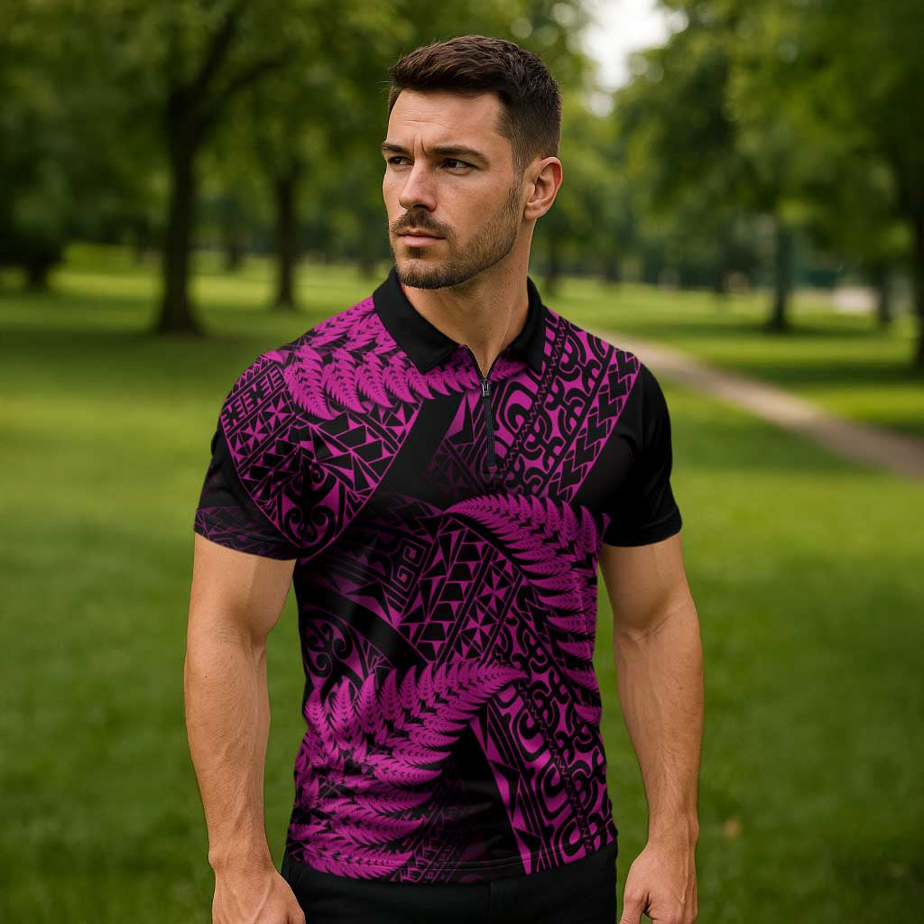 New Zealand Rugby Pacific Personalised Zipper Polo Shirt All Pink Maori Pasifika Fern Pattern - Polynesian Pride