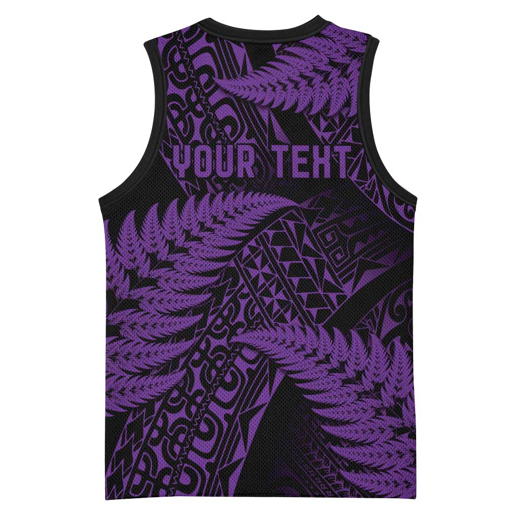 New Zealand Rugby Pacific Personalised Basketball Jersey All Purple Maori Pasifika Fern Pattern - Polynesian Pride