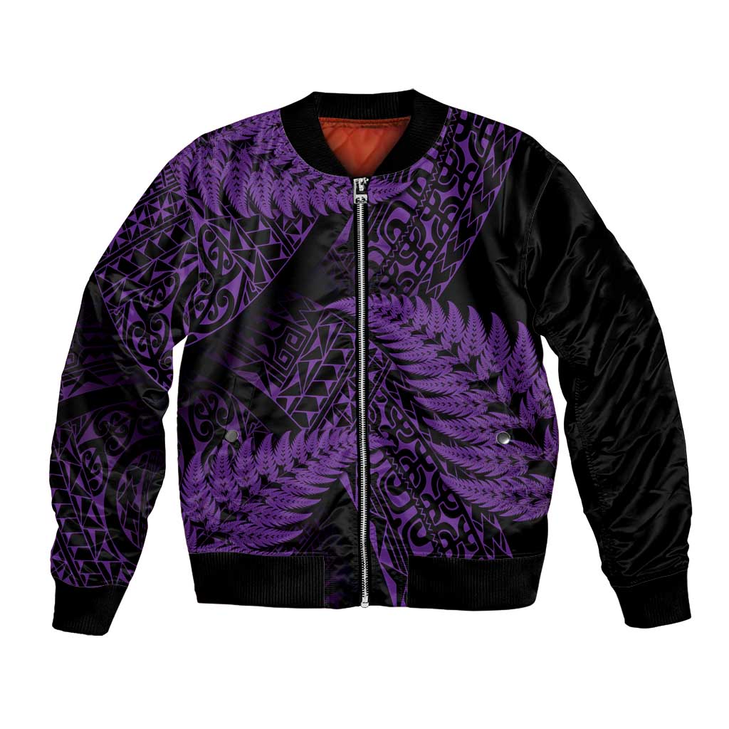 New Zealand Rugby Pacific Personalised Bomber Jacket All Purple Maori Pasifika Fern Pattern
