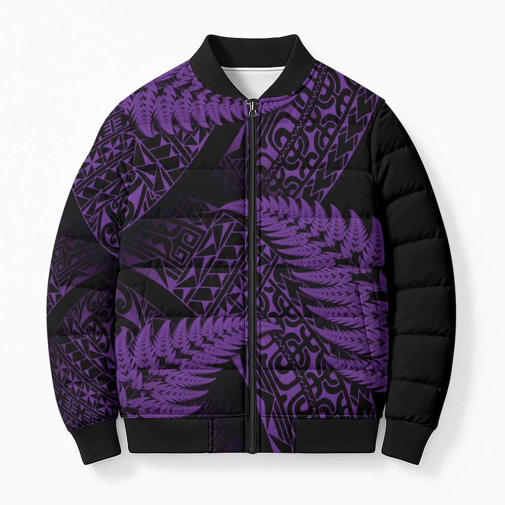 New Zealand Rugby Pacific Personalised Bomber Puffer Jacket All Purple Maori Pasifika Fern Pattern - Polynesian Pride