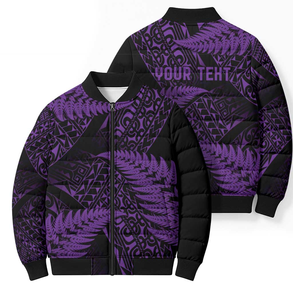 New Zealand Rugby Pacific Personalised Bomber Puffer Jacket All Purple Maori Pasifika Fern Pattern - Polynesian Pride