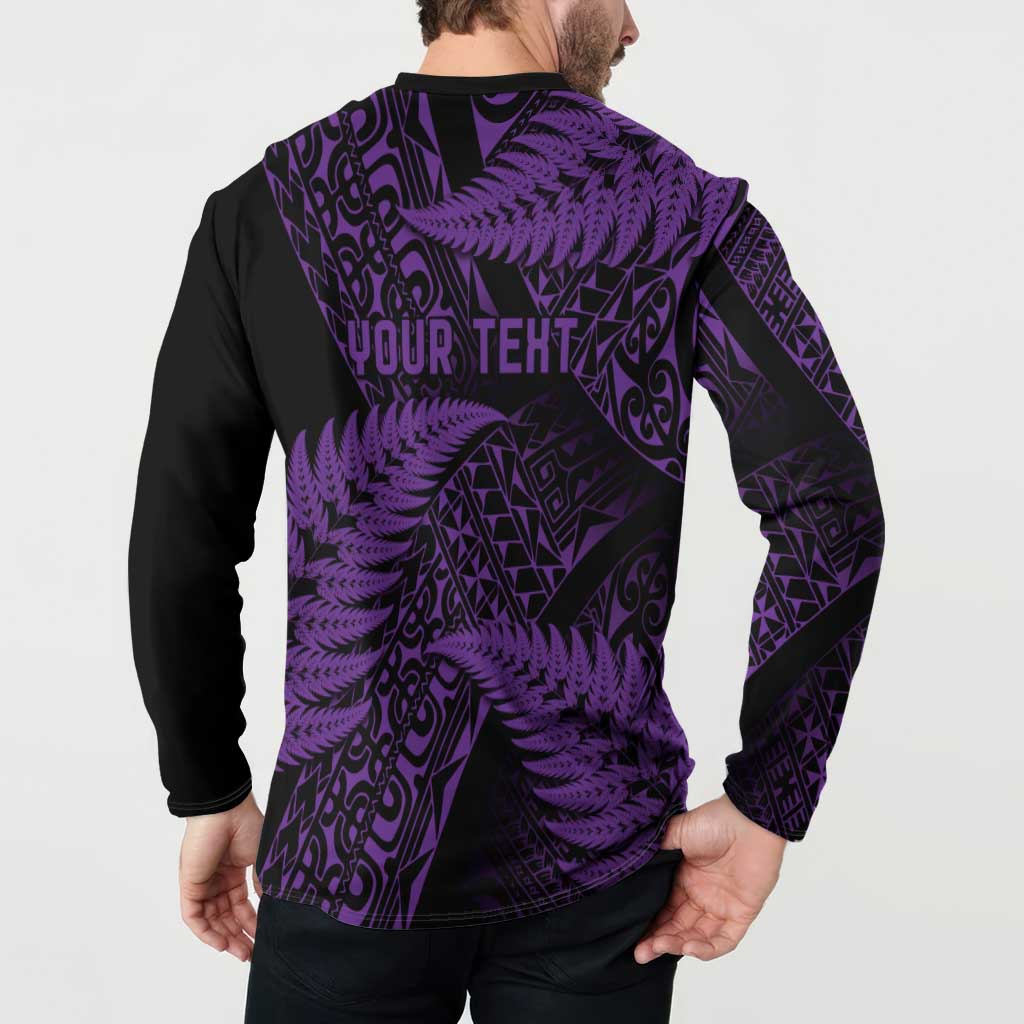 New Zealand Rugby Pacific Personalised Button Sweatshirt All Purple Maori Pasifika Fern Pattern
