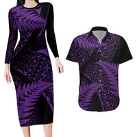 New Zealand Rugby Pacific Personalised Couples Matching Long Sleeve Bodycon Dress and Hawaiian Shirt All Purple Maori Pasifika Fern Pattern