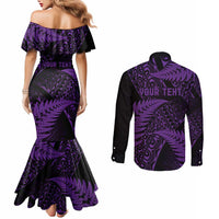 New Zealand Rugby Pacific Personalised Couples Matching Mermaid Dress and Long Sleeve Button Shirt All Purple Maori Pasifika Fern Pattern
