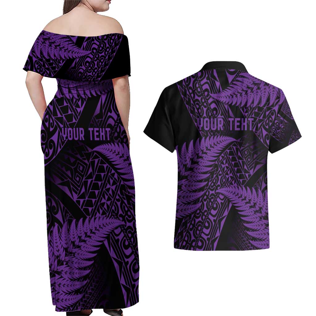 New Zealand Rugby Pacific Personalised Couples Matching Off Shoulder Maxi Dress and Hawaiian Shirt All Purple Maori Pasifika Fern Pattern