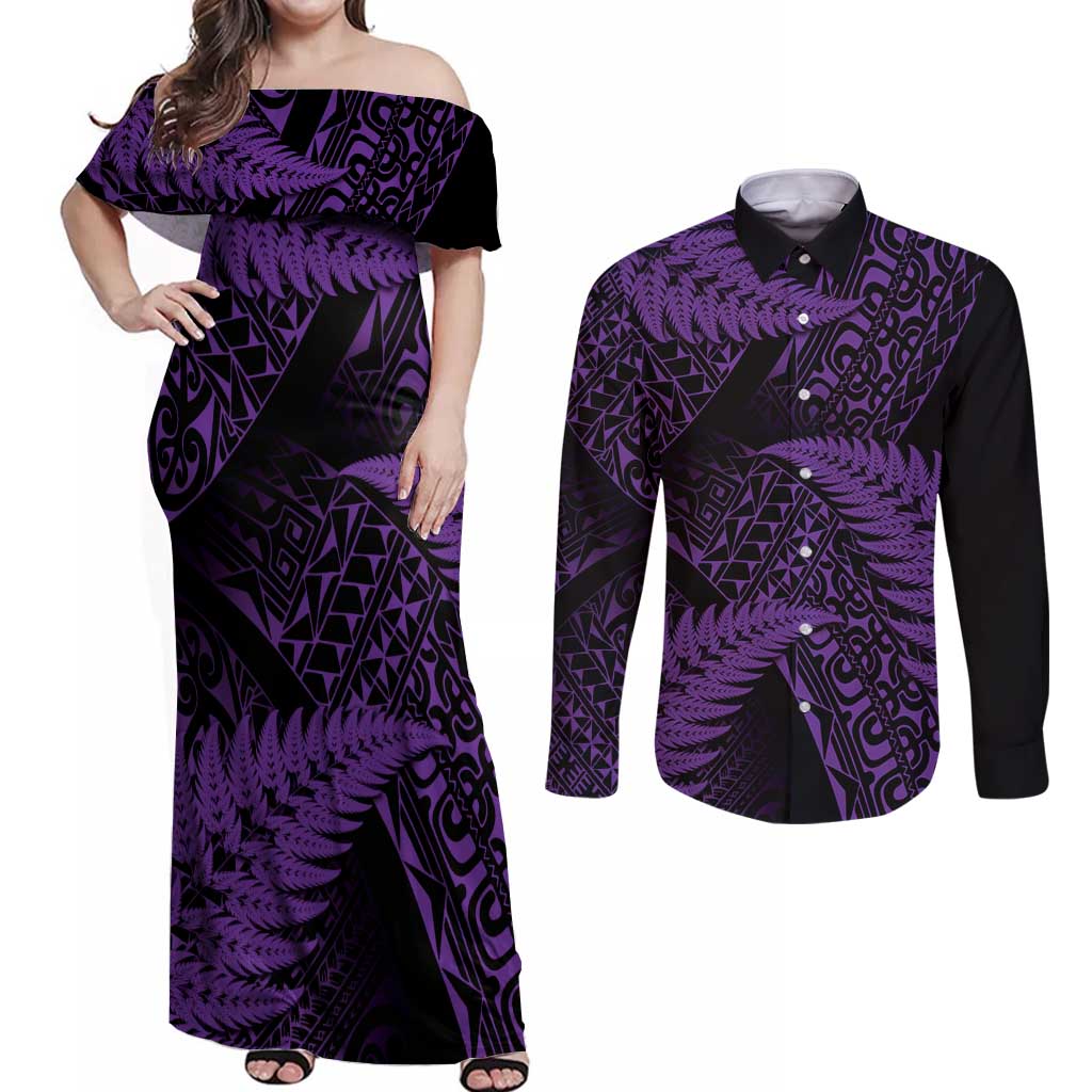New Zealand Rugby Pacific Personalised Couples Matching Off Shoulder Maxi Dress and Long Sleeve Button Shirt All Purple Maori Pasifika Fern Pattern