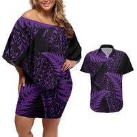 New Zealand Rugby Pacific Personalised Couples Matching Off Shoulder Short Dress and Hawaiian Shirt All Purple Maori Pasifika Fern Pattern