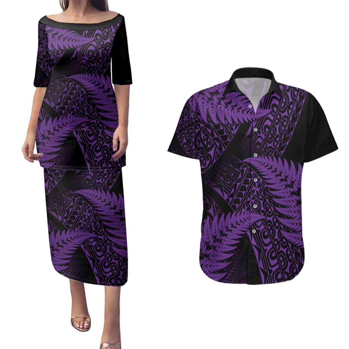 New Zealand Rugby Pacific Personalised Couples Matching Puletasi and Hawaiian Shirt All Purple Maori Pasifika Fern Pattern
