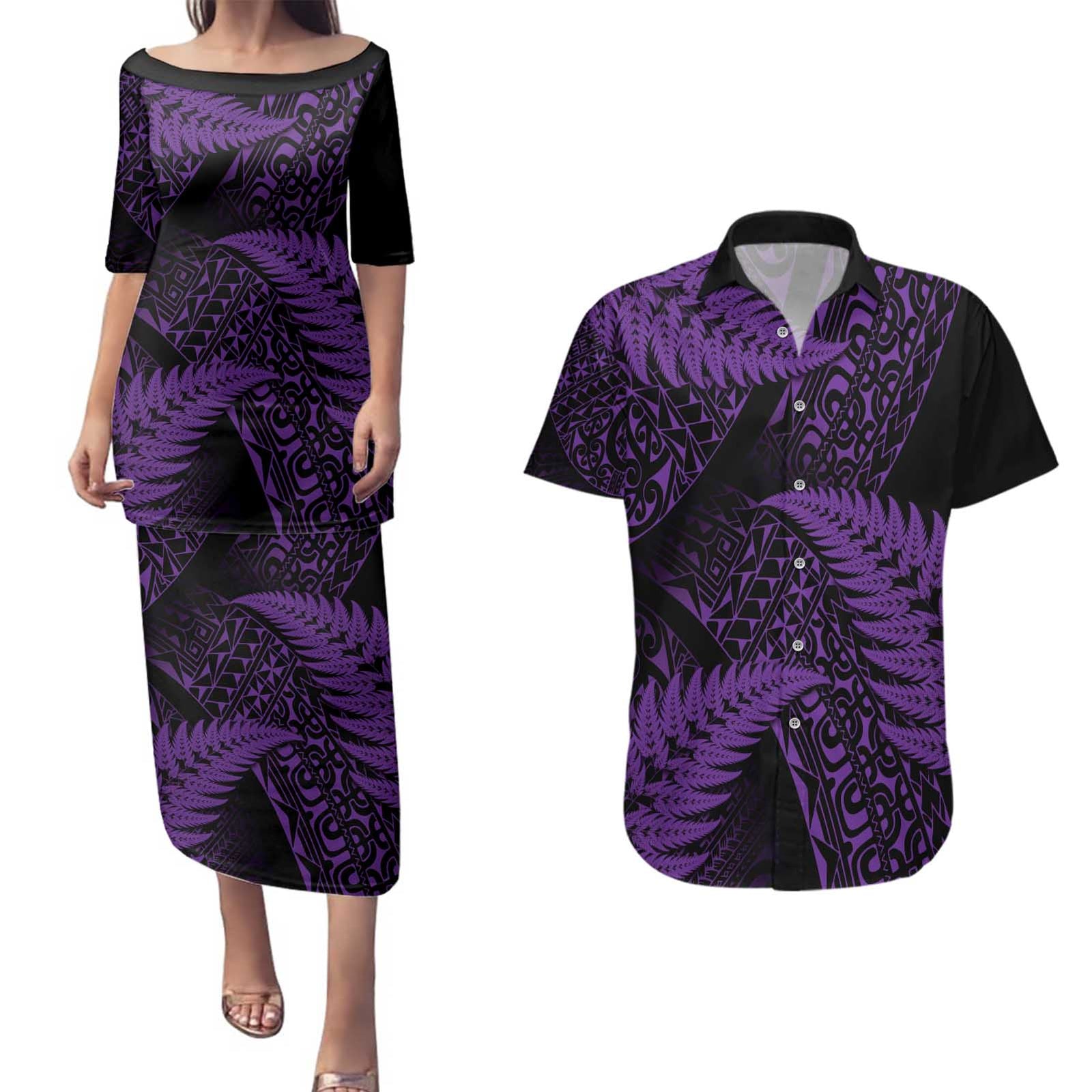 New Zealand Rugby Pacific Personalised Couples Matching Puletasi and Hawaiian Shirt All Purple Maori Pasifika Fern Pattern