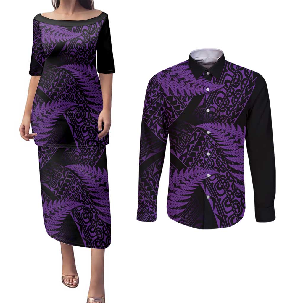 New Zealand Rugby Pacific Personalised Couples Matching Puletasi and Long Sleeve Button Shirt All Purple Maori Pasifika Fern Pattern
