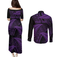 New Zealand Rugby Pacific Personalised Couples Matching Puletasi and Long Sleeve Button Shirt All Purple Maori Pasifika Fern Pattern