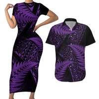 New Zealand Rugby Pacific Personalised Couples Matching Short Sleeve Bodycon Dress and Hawaiian Shirt All Purple Maori Pasifika Fern Pattern