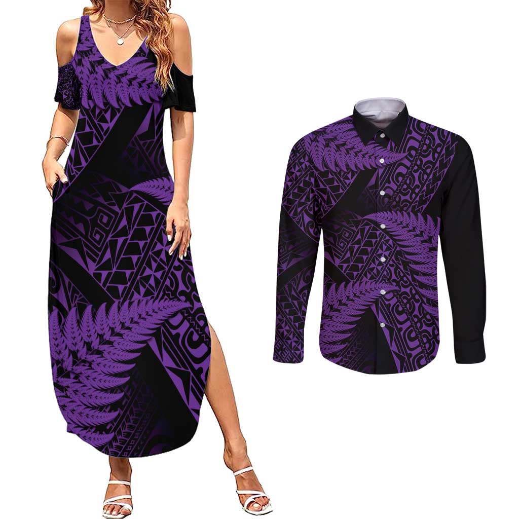 New Zealand Rugby Pacific Personalised Couples Matching Summer Maxi Dress and Long Sleeve Button Shirt All Purple Maori Pasifika Fern Pattern