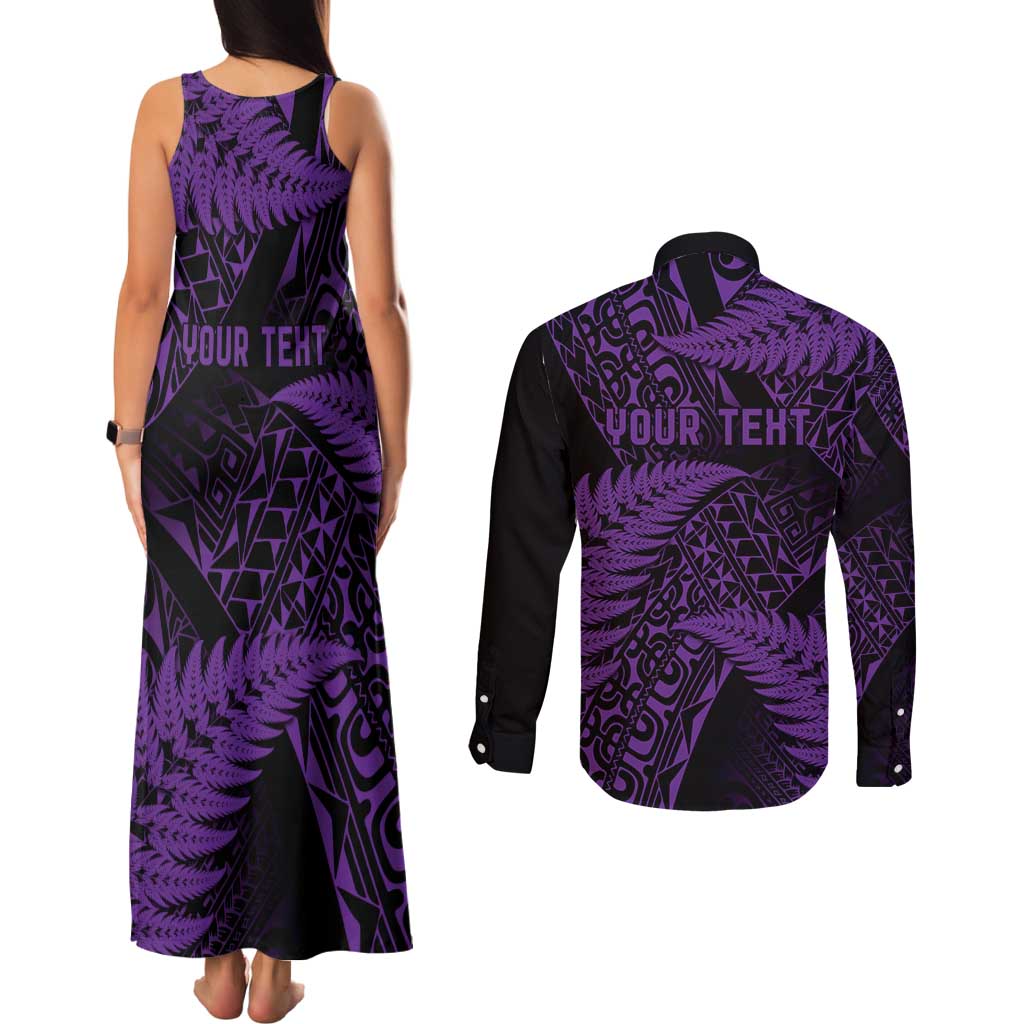 New Zealand Rugby Pacific Personalised Couples Matching Tank Maxi Dress and Long Sleeve Button Shirt All Purple Maori Pasifika Fern Pattern