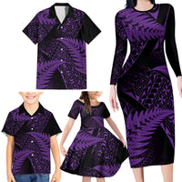 New Zealand Rugby Pacific Personalised Family Matching Long Sleeve Bodycon Dress and Hawaiian Shirt All Purple Maori Pasifika Fern Pattern
