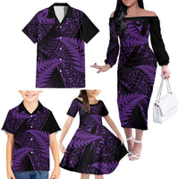 New Zealand Rugby Pacific Personalised Family Matching Off The Shoulder Long Sleeve Dress and Hawaiian Shirt All Purple Maori Pasifika Fern Pattern