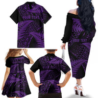 New Zealand Rugby Pacific Personalised Family Matching Off The Shoulder Long Sleeve Dress and Hawaiian Shirt All Purple Maori Pasifika Fern Pattern