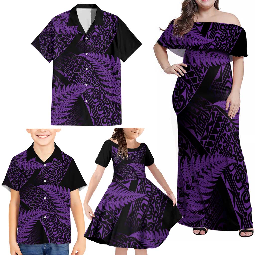 New Zealand Rugby Pacific Personalised Family Matching Off Shoulder Maxi Dress and Hawaiian Shirt All Purple Maori Pasifika Fern Pattern
