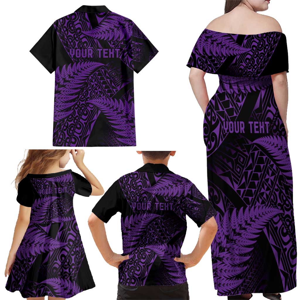 New Zealand Rugby Pacific Personalised Family Matching Off Shoulder Maxi Dress and Hawaiian Shirt All Purple Maori Pasifika Fern Pattern
