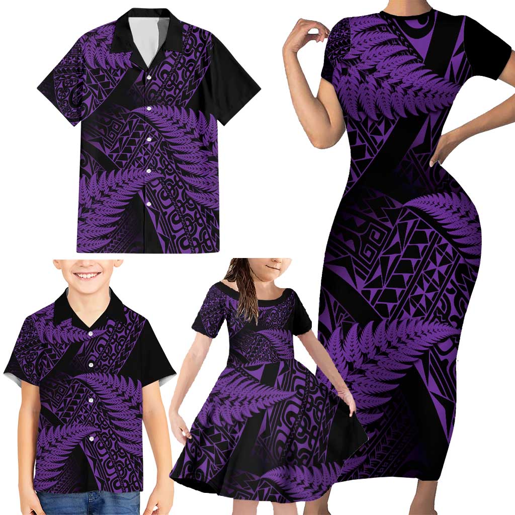New Zealand Rugby Pacific Personalised Family Matching Short Sleeve Bodycon Dress and Hawaiian Shirt All Purple Maori Pasifika Fern Pattern