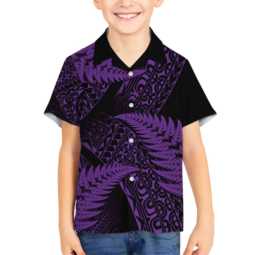 New Zealand Rugby Pacific Personalised Kid Hawaiian Shirt All Purple Maori Pasifika Fern Pattern