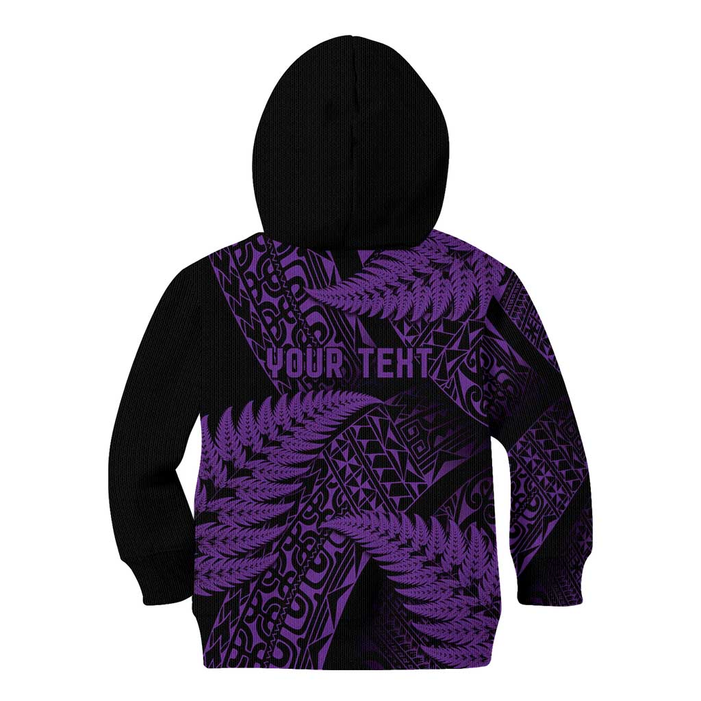 New Zealand Rugby Pacific Personalised Kid Hoodie All Purple Maori Pasifika Fern Pattern