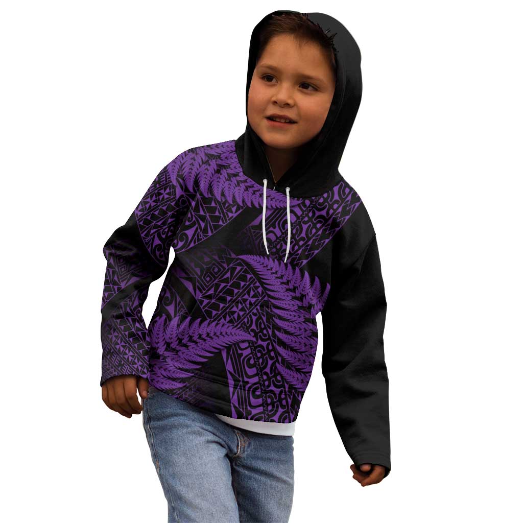 New Zealand Rugby Pacific Personalised Kid Hoodie All Purple Maori Pasifika Fern Pattern